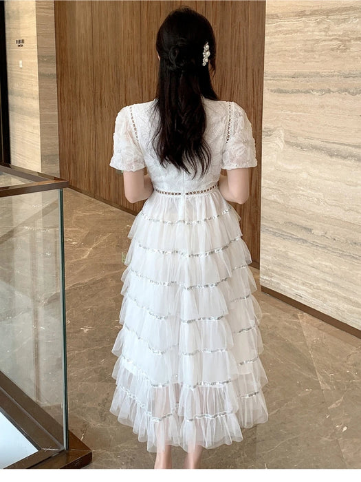 Summer Fairy Princess Mesh Sequined Embroidery Cascading Ruffles Layer Cake Dress Women Clothing Evening