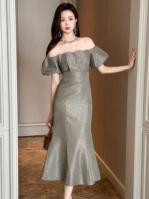 Christmas Party Fashion Elegant Luxury Formal Mermaid Dress Women Clothes Sheer Sexy Off-Shoulder Midi Party Birthday Holiday