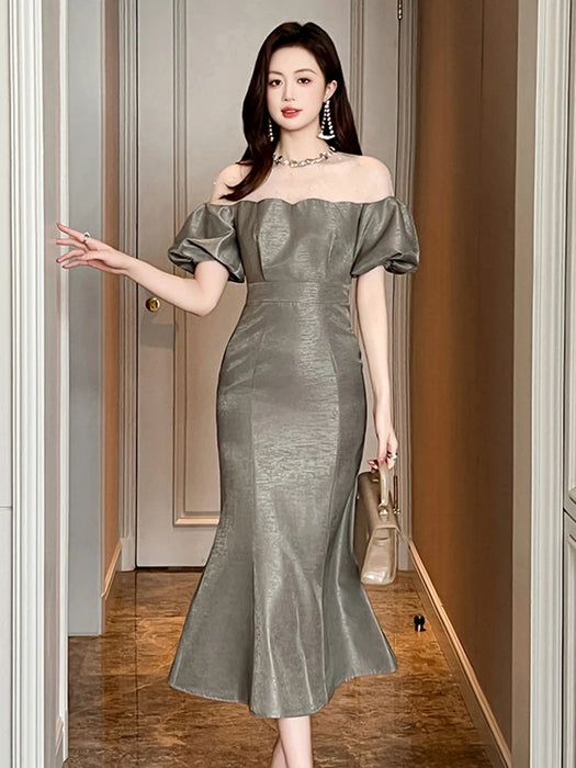 Christmas Party Fashion Elegant Luxury Formal Mermaid Dress Women Clothes Sheer Sexy Off-Shoulder Midi Party Birthday Holiday