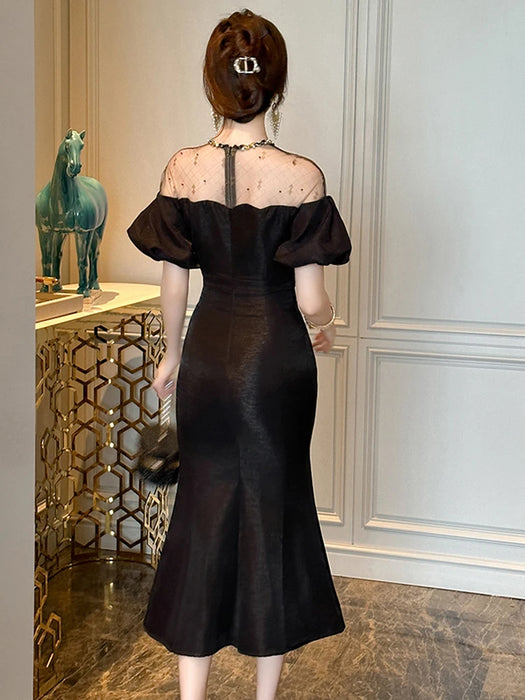 Christmas Party Fashion Elegant Luxury Formal Mermaid Dress Women Clothes Sheer Sexy Off-Shoulder Midi Party Birthday Holiday