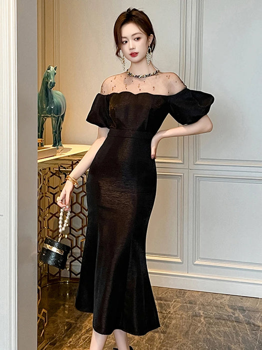 Christmas Party Fashion Elegant Luxury Formal Mermaid Dress Women Clothes Sheer Sexy Off-Shoulder Midi Party Birthday Holiday