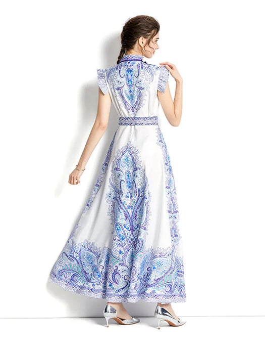 Summer Fashion Runway Maxi Dress Women's Sleeveless Ruffles High Waist Belt Vintage Printed Long