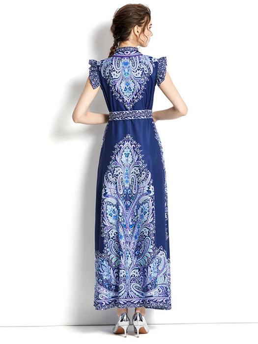 Summer Fashion Runway Maxi Dress Women's Sleeveless Ruffles High Waist Belt Vintage Printed Long