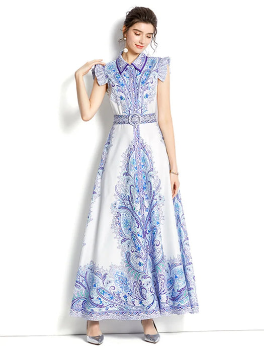 Summer Fashion Runway Maxi Dress Women's Sleeveless Ruffles High Waist Belt Vintage Printed Long