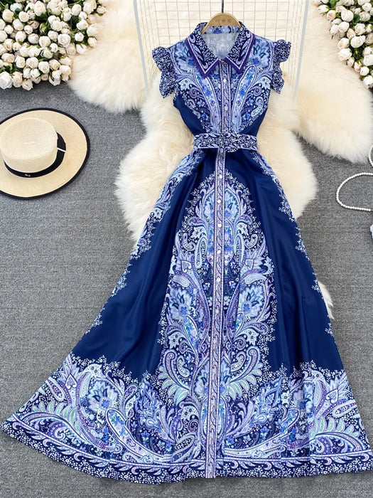 Summer Fashion Runway Maxi Dress Women's Sleeveless Ruffles High Waist Belt Vintage Printed Long