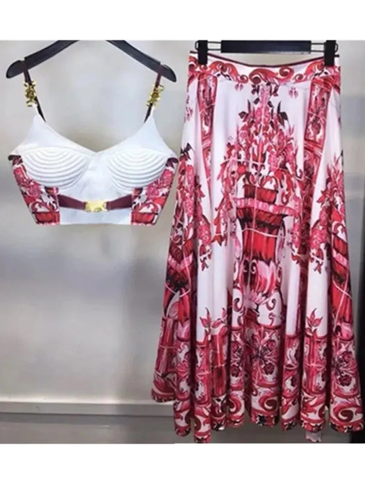 Summer Holiday Blue And White Porcelain Two Piece Set Women's Spaghetti Strap Padded Cup Zipper Print Short Top Long Skirt Suits