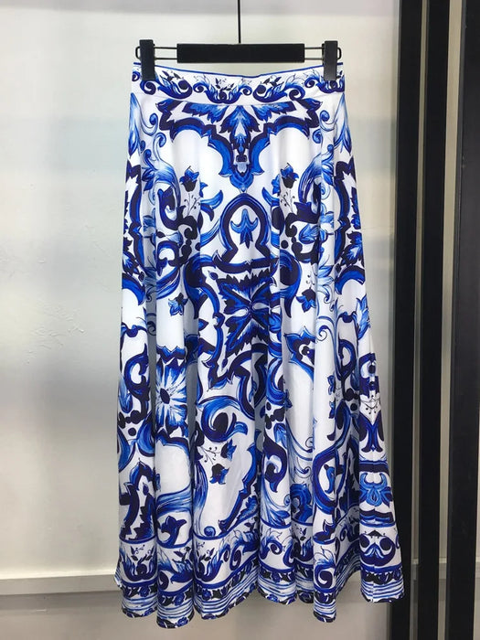 Summer Holiday Blue And White Porcelain Two Piece Set Women's Spaghetti Strap Padded Cup Zipper Print Short Top Long Skirt Suits