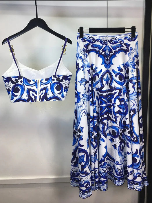 Summer Holiday Blue And White Porcelain Two Piece Set Women's Spaghetti Strap Padded Cup Zipper Print Short Top Long Skirt Suits