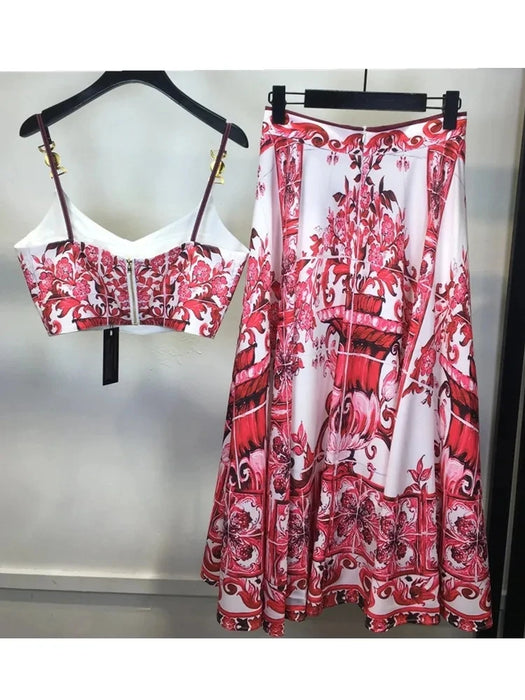 Summer Holiday Blue And White Porcelain Two Piece Set Women's Spaghetti Strap Padded Cup Zipper Print Short Top Long Skirt Suits