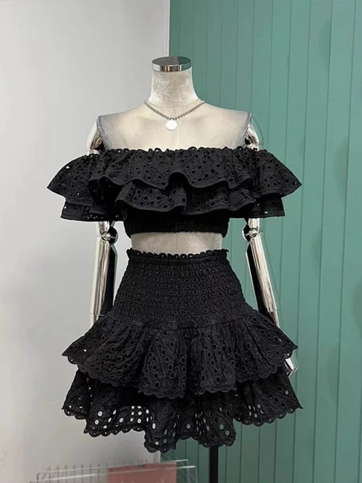 Summer Holiday Embroidery 2 Pieces Sets Women Slash Neck Layered Ruffles Elastic Cut Out Top Mini Skirt Suits Hollow Out Outfits