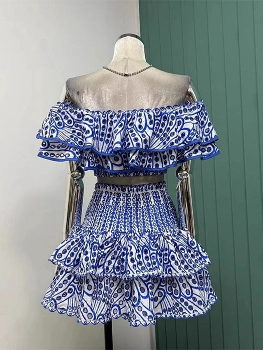 Summer Holiday Embroidery 2 Pieces Sets Women Slash Neck Layered Ruffles Elastic Cut Out Top Mini Skirt Suits Hollow Out Outfits