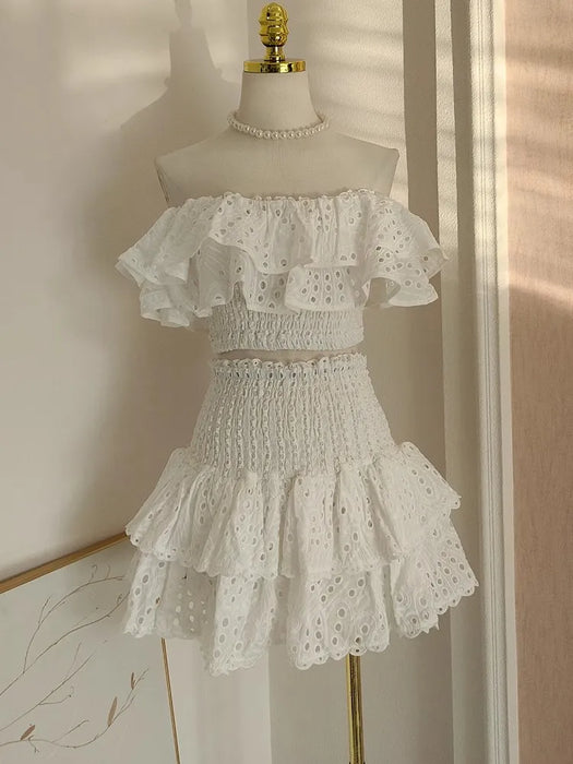 Summer Holiday Embroidery 2 Pieces Sets Women Slash Neck Layered Ruffles Elastic Cut Out Top Mini Skirt Suits Hollow Out Outfits