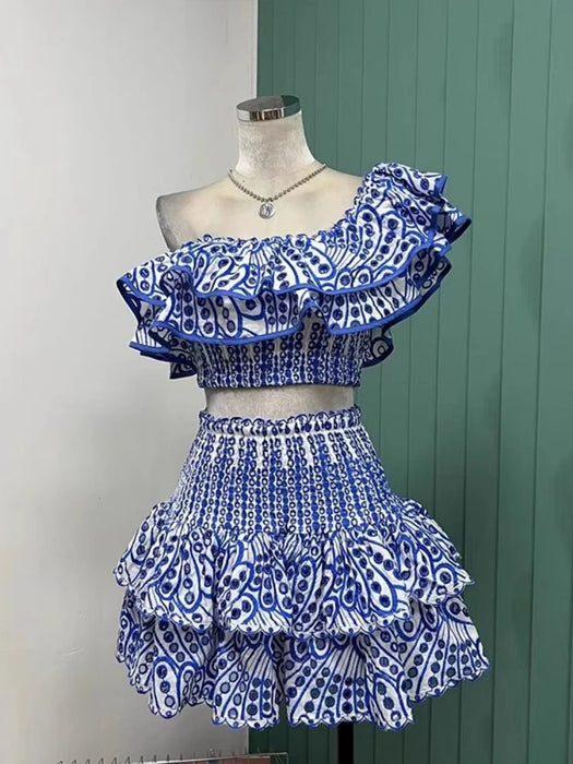 Summer Holiday Embroidery 2 Pieces Sets Women Slash Neck Layered Ruffles Elastic Cut Out Top Mini Skirt Suits Hollow Out Outfits