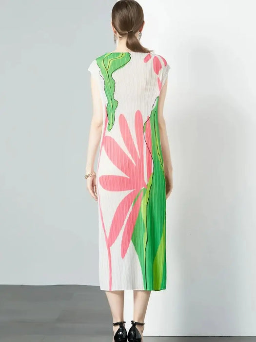 Summer Holiday Floral Print Long Pleated Dress Women Clothing Sleeveless High Stretch Straight Draped Loose Robe