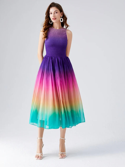 Summer Holiday Gradient Color Rainbow Long Dress Women's Sleeveless O Neck Zipper Stretch Patchwork Chiffon Party Dresses