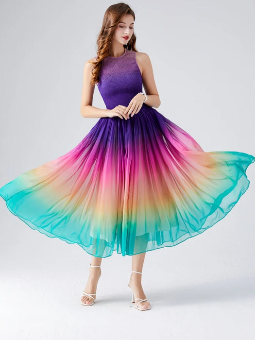 Summer Holiday Gradient Color Rainbow Long Dress Women's Sleeveless O Neck Zipper Stretch Patchwork Chiffon Party Dresses