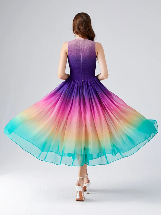Summer Holiday Gradient Color Rainbow Long Dress Women's Sleeveless O Neck Zipper Stretch Patchwork Chiffon Party Dresses