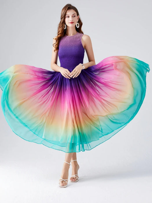 Summer Holiday Gradient Color Rainbow Long Dress Women's Sleeveless O Neck Zipper Stretch Patchwork Chiffon Party Dresses