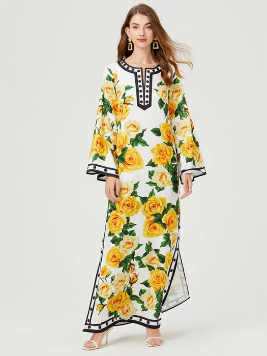 Summer Holiday Yellow Rose Flower Printed Loose Robe Dress Women Beach Long Sleeve Dot Floral