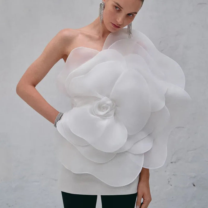 New Style White Oblique Shoulder Decorative Flower Dress Women's Wedding Party One Shoulder dress