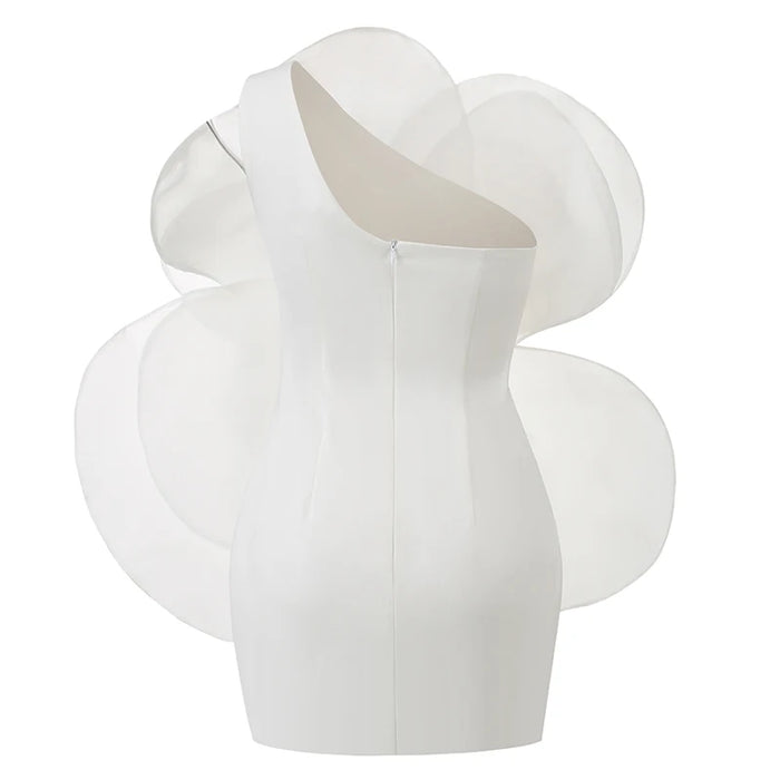New Style White Oblique Shoulder Decorative Flower Dress Women's Wedding Party One Shoulder dress