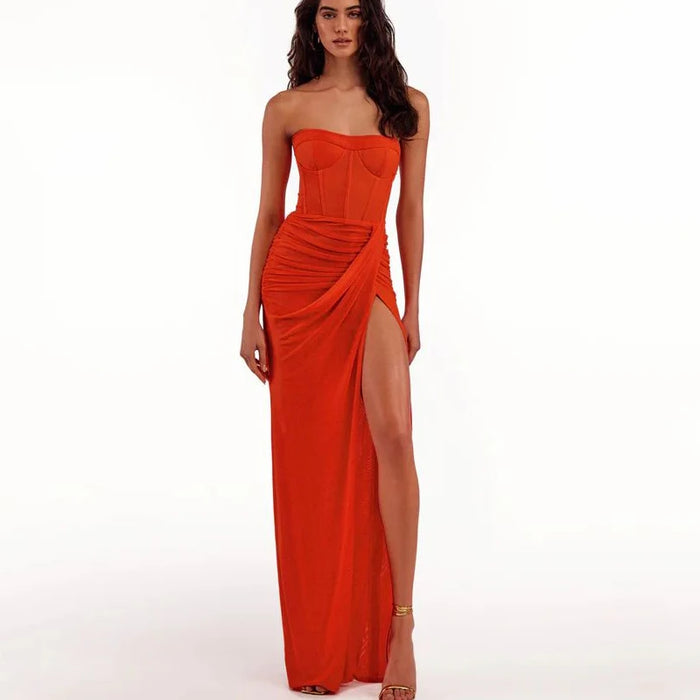 Women's Sexy breast wrapping Dress Red Wrinkled Hem Split Party ceremonial dress Long Dress