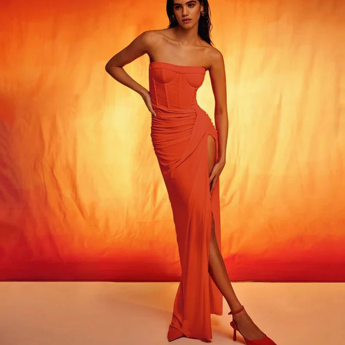 Women's Sexy breast wrapping Dress Red Wrinkled Hem Split Party ceremonial dress Long Dress