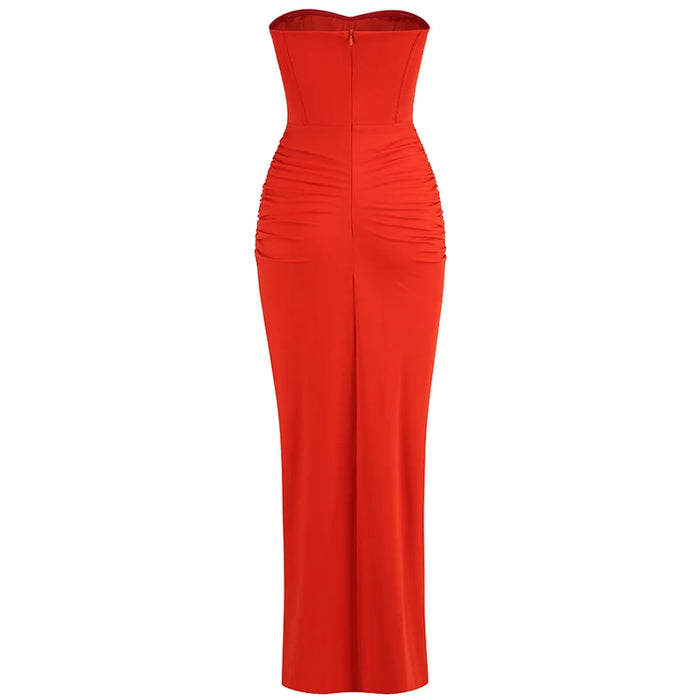Women's Sexy breast wrapping Dress Red Wrinkled Hem Split Party ceremonial dress Long Dress