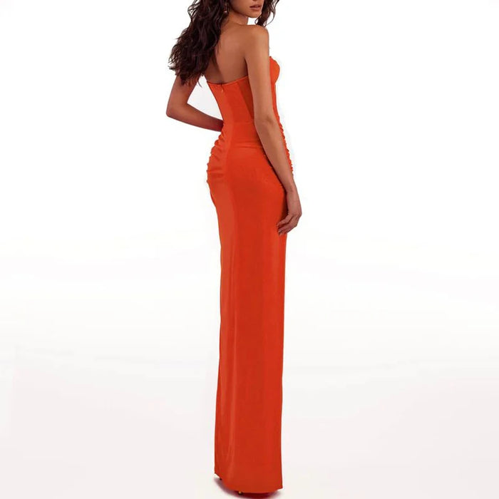 Women's Sexy breast wrapping Dress Red Wrinkled Hem Split Party ceremonial dress Long Dress