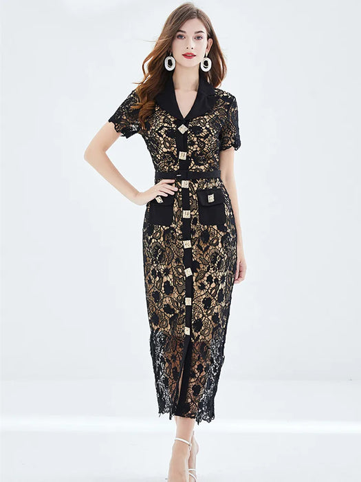 Black Water Soluble Lace Embroidery Dress Women's Short Sleeve Golden Buttons Down Hollow Out Belt Maxi