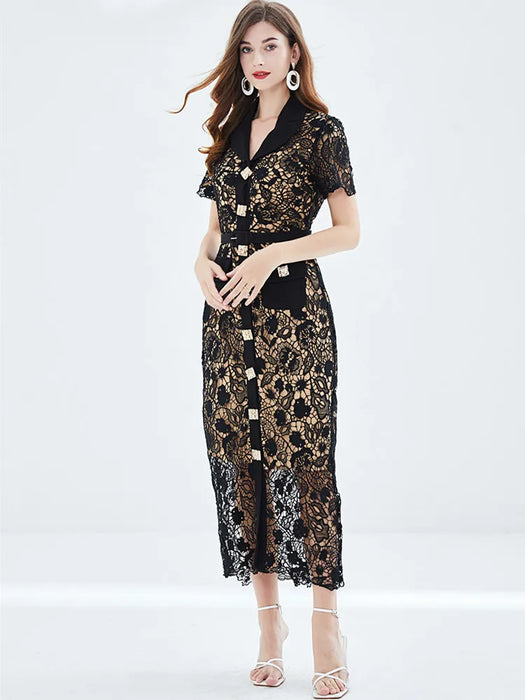 Black Water Soluble Lace Embroidery Dress Women's Short Sleeve Golden Buttons Down Hollow Out Belt Maxi