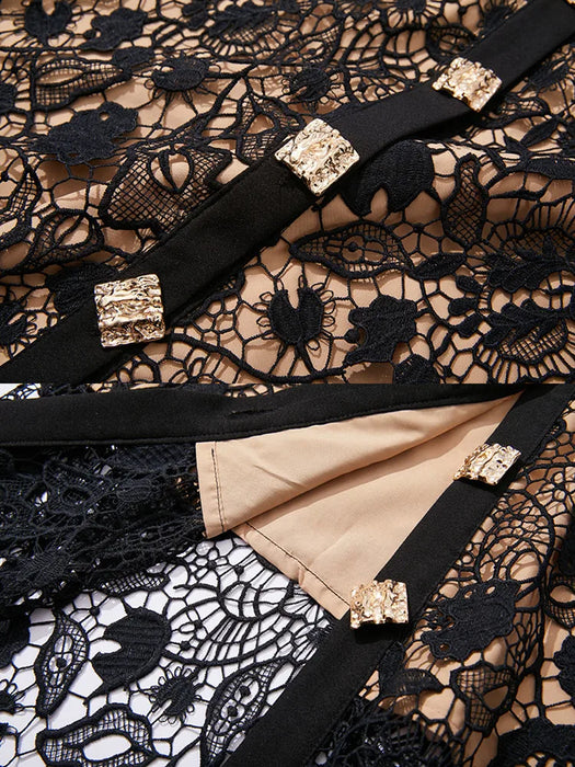 Black Water Soluble Lace Embroidery Dress Women's Short Sleeve Golden Buttons Down Hollow Out Belt Maxi