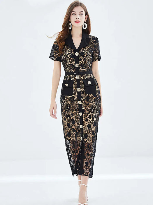Black Water Soluble Lace Embroidery Dress Women's Short Sleeve Golden Buttons Down Hollow Out Belt Maxi
