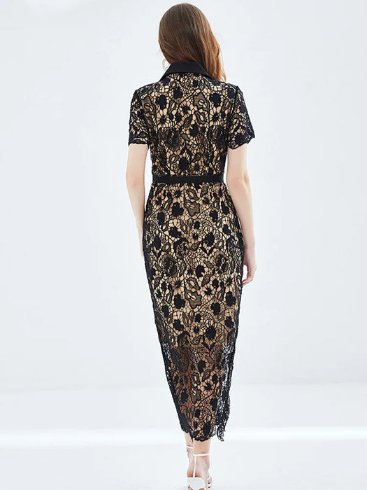 Black Water Soluble Lace Embroidery Dress Women's Short Sleeve Golden Buttons Down Hollow Out Belt Maxi