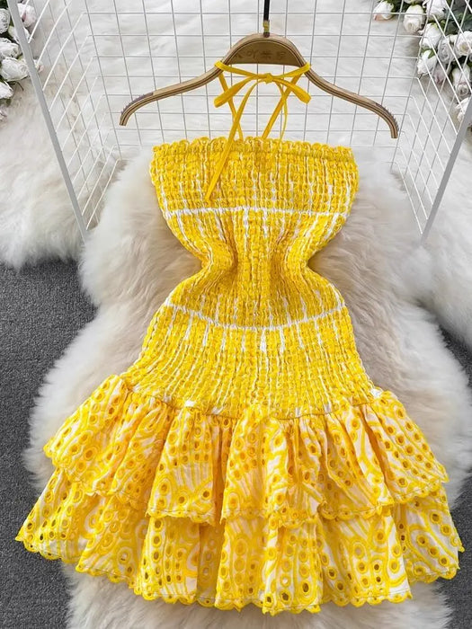 Halter Hollow Out Embroidery Dress Women's Sleeveless Open Back Ruffles Stretch