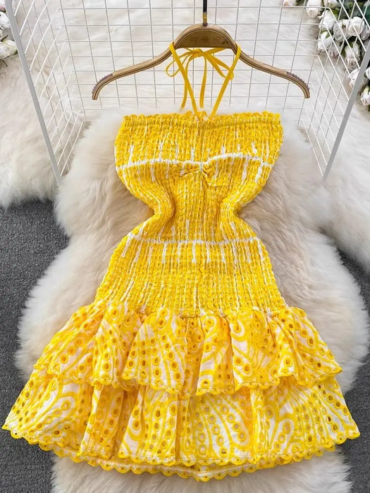 Halter Hollow Out Embroidery Dress Women's Sleeveless Open Back Ruffles Stretch