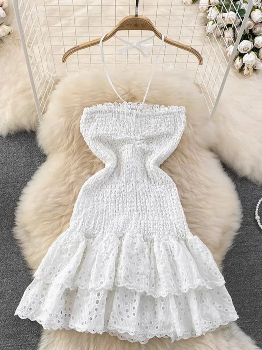 Halter Hollow Out Embroidery Dress Women's Sleeveless Open Back Ruffles Stretch