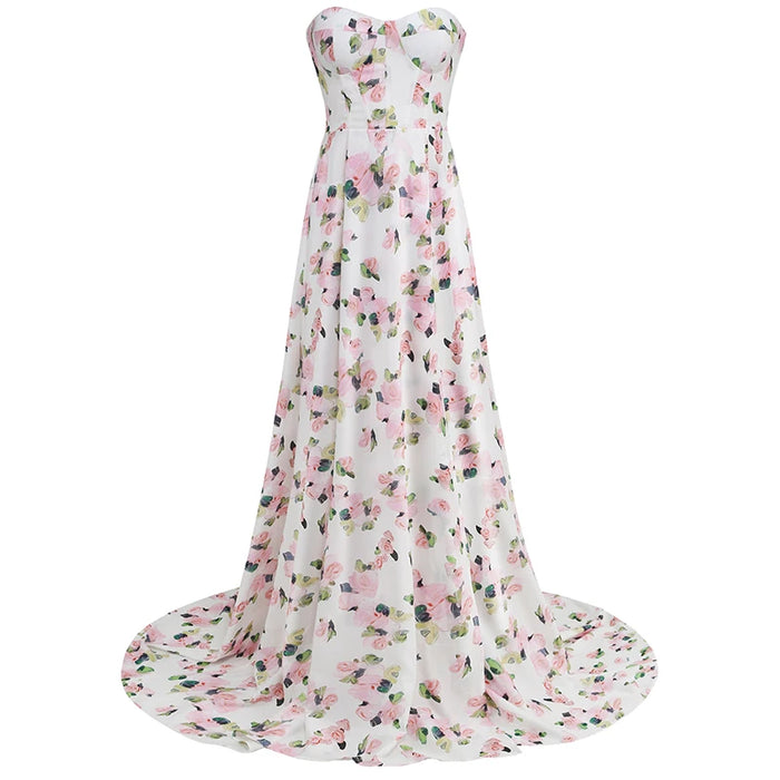 Print Wrapped Chest Open Back Lace Up Long Dress Women's Style Flowers Split ceremonial Dress
