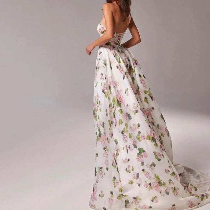Print Wrapped Chest Open Back Lace Up Long Dress Women's Style Flowers Split ceremonial Dress