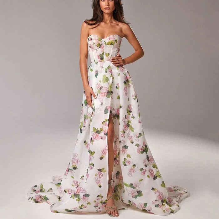 Print Wrapped Chest Open Back Lace Up Long Dress Women's Style Flowers Split ceremonial Dress