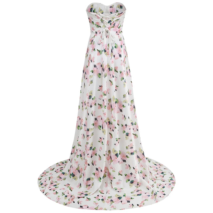 Print Wrapped Chest Open Back Lace Up Long Dress Women's Style Flowers Split ceremonial Dress