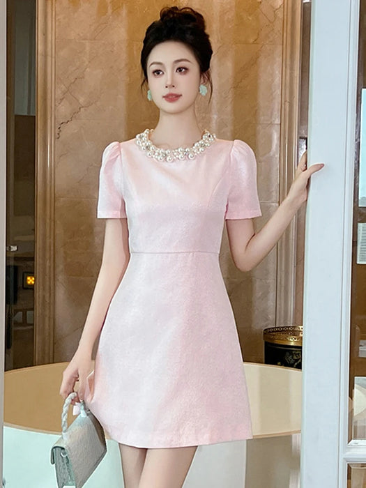Holiday Party Short Sleeve Evening Dress Women Clothes Elegant Luxury Pearl O-Neck Slim A-Line Short Birthday Party