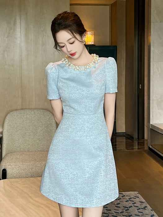 Holiday Party Short Sleeve Evening Dress Women Clothes Elegant Luxury Pearl O-Neck Slim A-Line Short Birthday Party