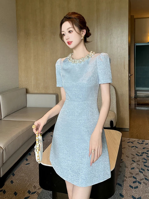 Holiday Party Short Sleeve Evening Dress Women Clothes Elegant Luxury Pearl O-Neck Slim A-Line Short Birthday Party