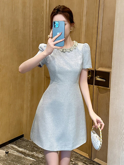Holiday Party Short Sleeve Evening Dress Women Clothes Elegant Luxury Pearl O-Neck Slim A-Line Short Birthday Party