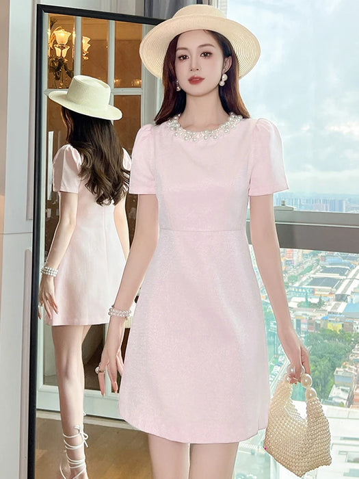 Holiday Party Short Sleeve Evening Dress Women Clothes Elegant Luxury Pearl O-Neck Slim A-Line Short Birthday Party