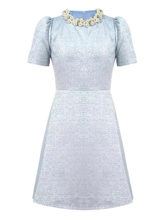 Holiday Party Short Sleeve Evening Dress Women Clothes Elegant Luxury Pearl O-Neck Slim A-Line Short Birthday Party