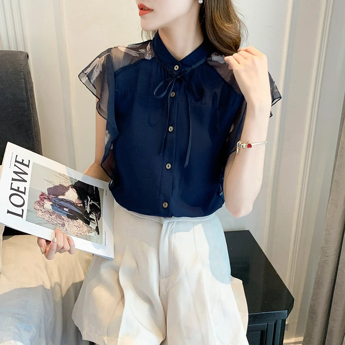 Summer Women Chiffon Blouse Shirt Tops Short Sleeve
