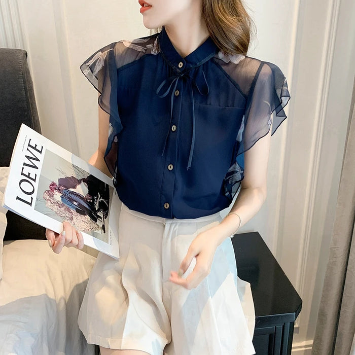 Summer Women Chiffon Blouse Shirt Tops Short Sleeve