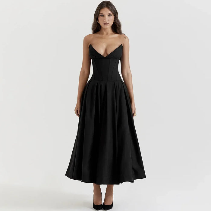 Suninheart Black Elegant Wedding Events Dress Sexy Strapless Corset Dress Midi Christmas Party Dresses for Women
